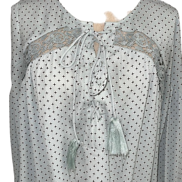 Loft 3/4 Sleeve Blouse Crochet Detail Criss Cross Laced Neck Tassels Size Med - Picture 2 of 7